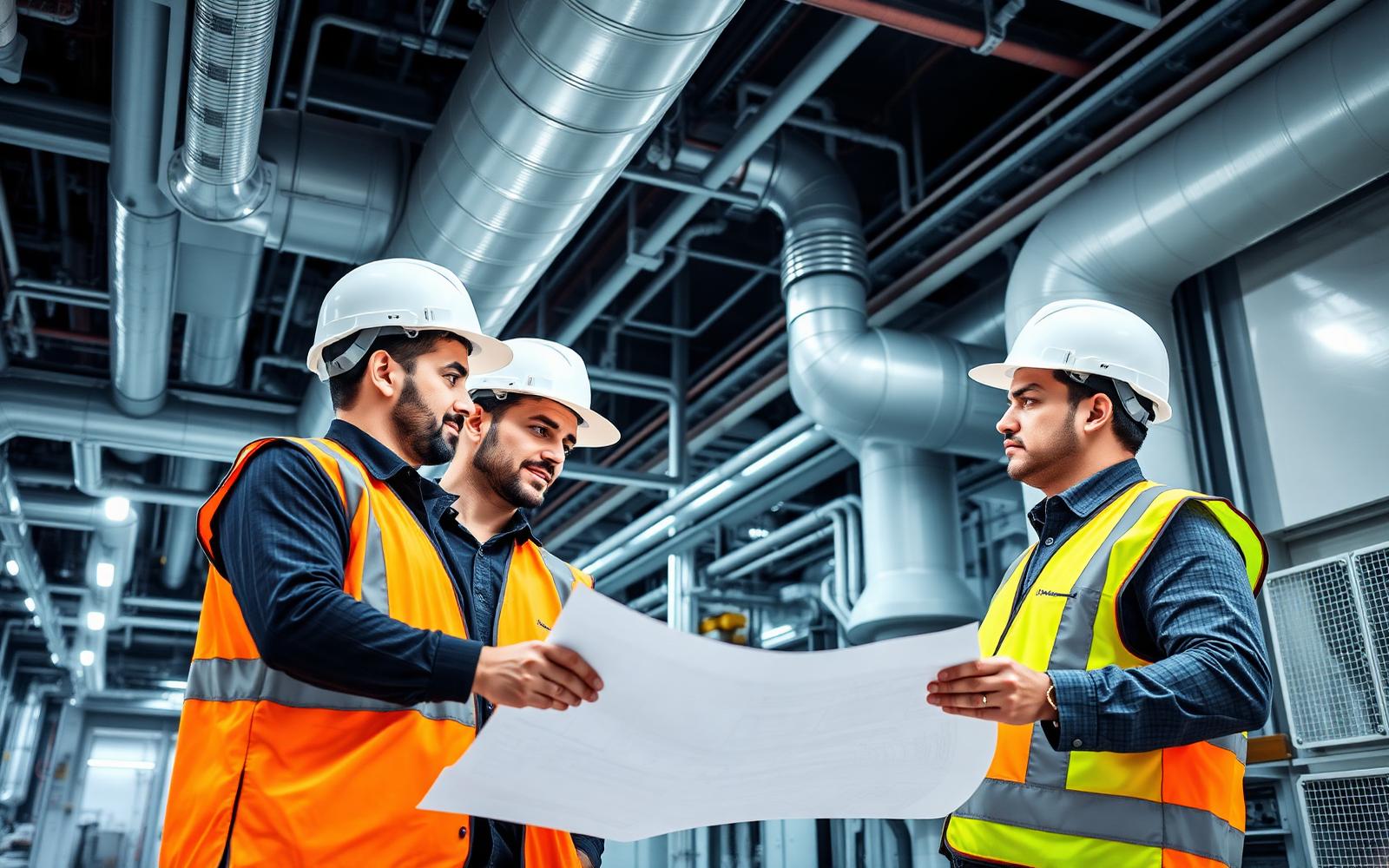MEP engineers reviewing drawings in a Dubai plant room with ductwork and cable trays